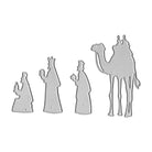 Die Stanzschablone Heilige Drei Könige & Kamel von Stanzenshop.de zeigt vier silberne Metallstanzformen mit den Heiligen Drei Königen und ihrem Kamel - ideal für festliche Bastelarbeiten und kreative Weihnachtsprojekte.