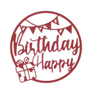 Die "Stanzschablone Happy Birthday im Kreis mit Geschenk" von Stanzenshop.de verfügt über einen roten Kreisausschnitt mit Schriftzug, Geschenkbox und Fähnchen - ideal für Bastelprojekte oder zur Kombination mit Ihrer Lieblingsstanze!.