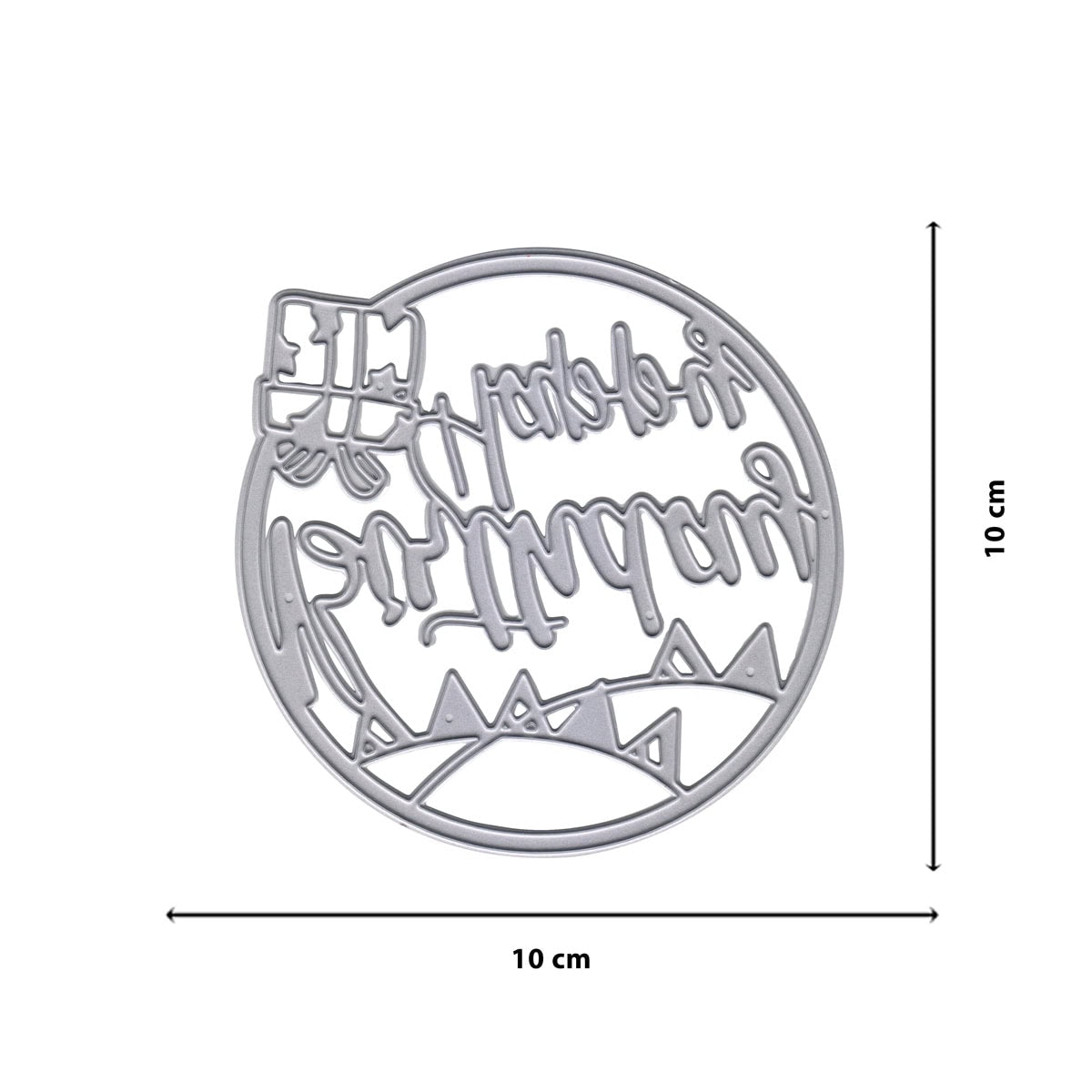 Eine 10 cm runde silberne "Stanzschablone Happy Birthday im Kreis mit Geschenk" von Stanzenshop.de-perfekt für Bastelprojekte. Mit kursivem Happy Birthday Schriftzug, Geschenk-Design und schwarzen Pfeilen, die die Maße markieren.