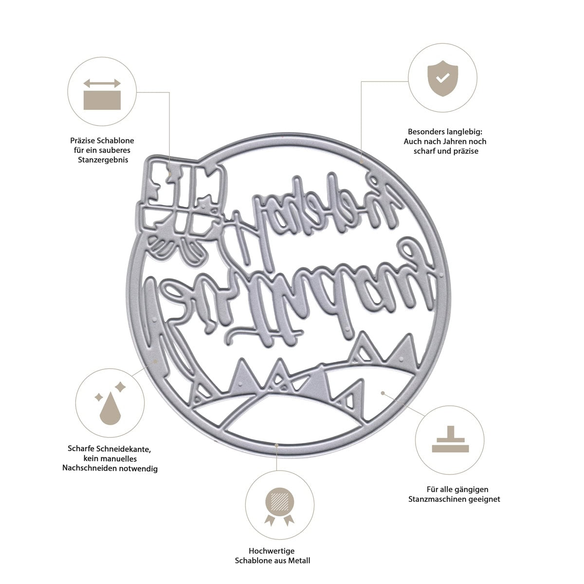 Stanzenshop.de Stanzschablone "Happy Birthday im Kreis mit Geschenk": Runde Metallschneidform mit verspiegeltem Schriftzug, gezacktem Rand und Geschenkmotiv; deutsche Icons zeigen Langlebigkeit und Präzision für Bastelprojekte.