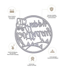 Stanzenshop.de Stanzschablone "Happy Birthday im Kreis mit Geschenk": Runde Metallschneidform mit verspiegeltem Schriftzug, gezacktem Rand und Geschenkmotiv; deutsche Icons zeigen Langlebigkeit und Präzision für Bastelprojekte.