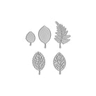 Fünf silberne "Stanzschablone Herbstliche Blätter" von Stanzenshop.de in Form von Herbstblättern, ideal für Deko oder Collagen, in zwei Reihen auf weißem Hintergrund angeordnet.