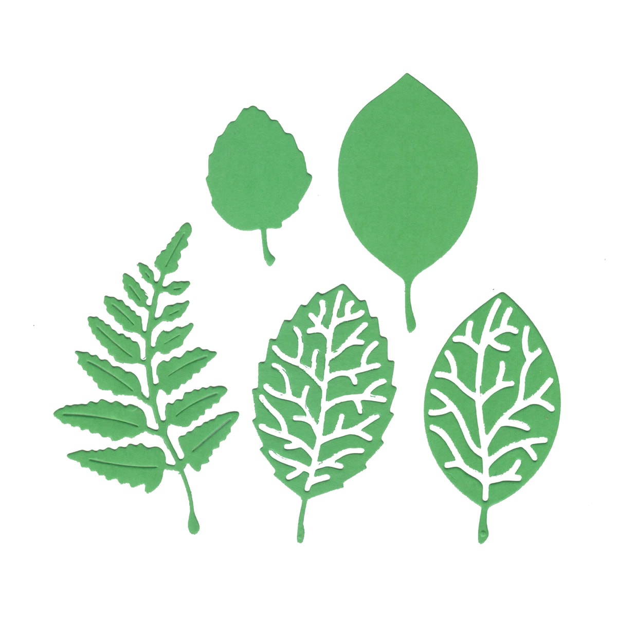 Fünf grüne, blattförmige Papierausschnitte, die mit der Stanzschablone Herbstliche Blätter von Stanzenshop.de hergestellt wurden, sind auf einem weißen Hintergrund arrangiert und bilden eine charmante Dekoration.