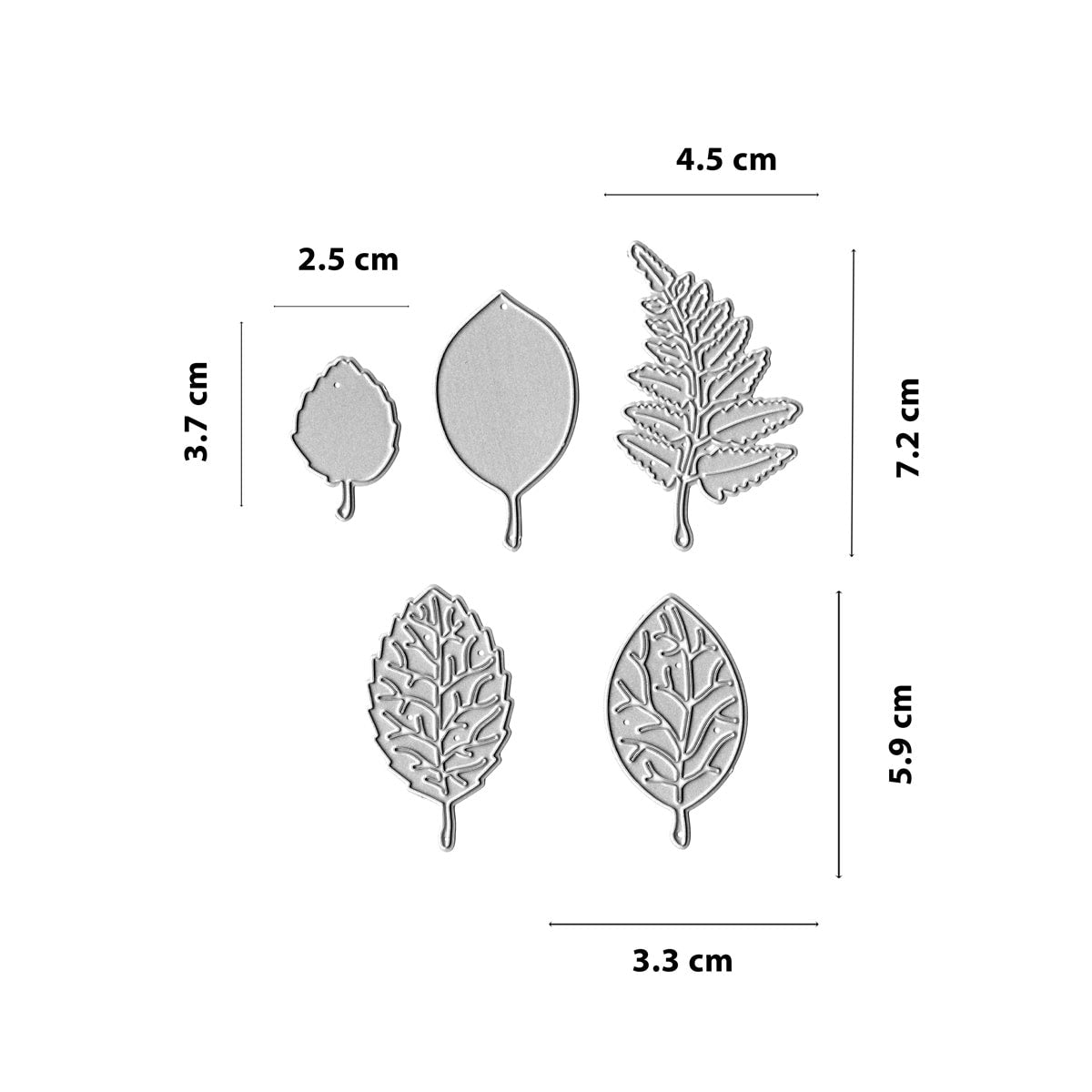Die Stanzschablone Herbstliche Blätter von Stanzenshop.de besteht aus fünf silbernen, blattförmigen Metallstanzteilen in verschiedenen Größen, jeweils mit beschrifteter cm-Höhe und -Breite - ideal für stilvolle saisonale Deko.