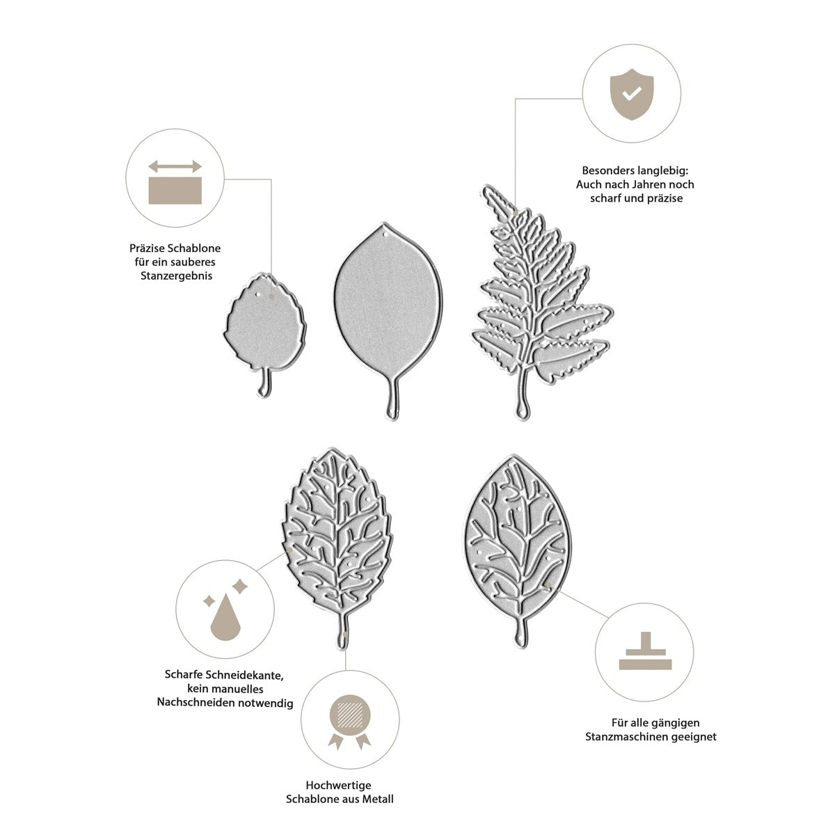 Schema der "Stanzschablone Herbstliche Blätter" von Stanzenshop.de: vier blattförmige Stanzformen aus Metall mit scharfen Kanten, Präzision, Deko-Ideen und herbstliche Blätter, und Kompatibilität mit gängigen Stanzmaschinen.