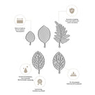 Schema der "Stanzschablone Herbstliche Blätter" von Stanzenshop.de: vier blattförmige Stanzformen aus Metall mit scharfen Kanten, Präzision, Deko-Ideen und herbstliche Blätter, und Kompatibilität mit gängigen Stanzmaschinen.