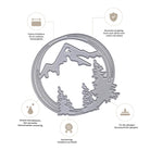 Die Stanzschablone "Bergpanorama im Kreis" von Stanzenshop.de zeigt Berge und Bäume mit deutscher Beschriftung und Produkticons - ideal für kreative Bastelprojekte.