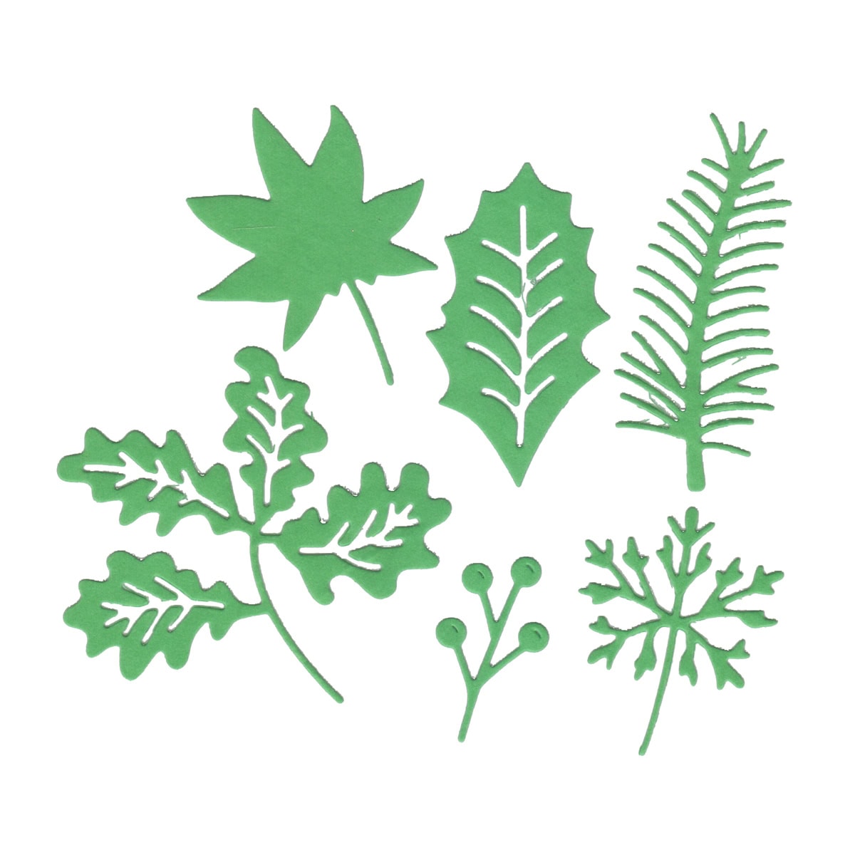 Die "Stanzschablone verschiedene Blätter" von Stanzenshop.de zeigt sechs grüne Blätter und Beerenzweige, ideal für DIY-Ideen und Bastelprojekte, schön auf weißem Hintergrund.