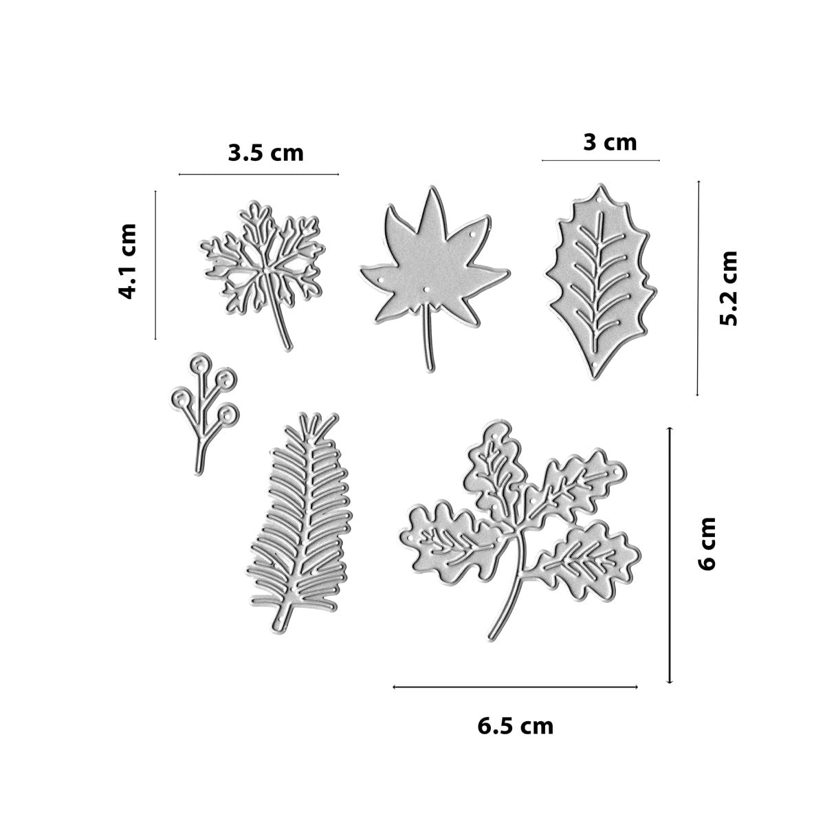 Die Stanzschablone verschiedene Blätter von Stanzenshop.de enthält sechs Blatt- und Pflanzenstanzformen aus Metall in verschiedenen Formen und Größen, jeweils mit Zentimetermarkierungen - ideal für Bastelprojekte und kreative DIY-Ideen.
