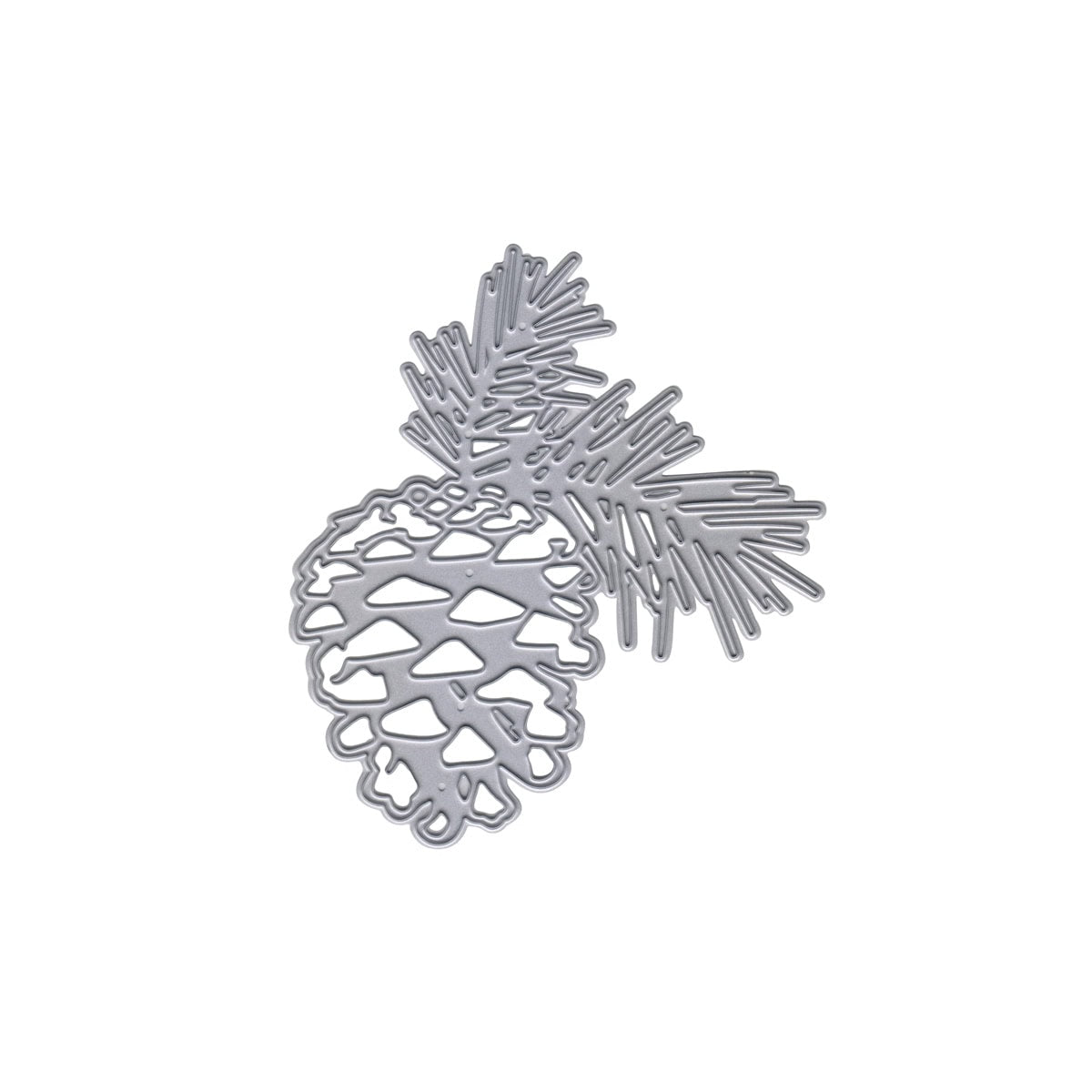 Die Stanzschablone Tannenzapfen mit Zweigen von Stanzenshop.de zeigt ein metallisches Tannenzapfen-Design mit Zweigen, ideal für Winterdeko, Karten basteln oder Scrapbooking, präsentiert auf weißem Hintergrund.