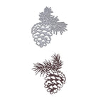 Die Stanzschablone Tannenzapfen mit Zweigen von Stanzenshop.de, geformt wie ein Tannenzapfen mit Nadeln, ist über einem braunen Papierausschnitt abgebildet, der mit der Stanze hergestellt wurde - ideal für winterliche Deko oder Karten basteln.