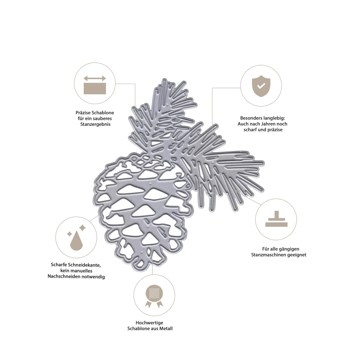 Die Stanzenshop.de Stanzschablone Tannenzapfen mit Zweigen bietet präzise, langlebige Schnitte und scharfe Kanten - perfekt für Winterdeko und Kartenbasteln. Hochwertiges Metall macht sie zum idealen Bastelwerkzeug.