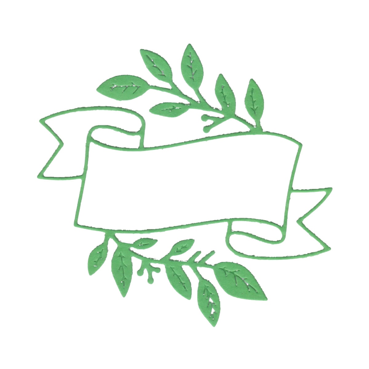 Die Stanzenschablone Banner mit Blättern von Stanzenshop.de zeichnet sich durch eine grüne Bandumrandung mit filigranen Blattzweigen aus, wobei die Mitte frei bleibt für eigene liebevolle Grüße oder Botschaften.