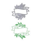 Die Stanzschablone Banner mit Blätter von Stanzenshop.de enthält zwei vielseitige, dekorative Banner in Metallic-Silber und Grün mit Blattmotiven und eleganten Freiflächen für Texte.