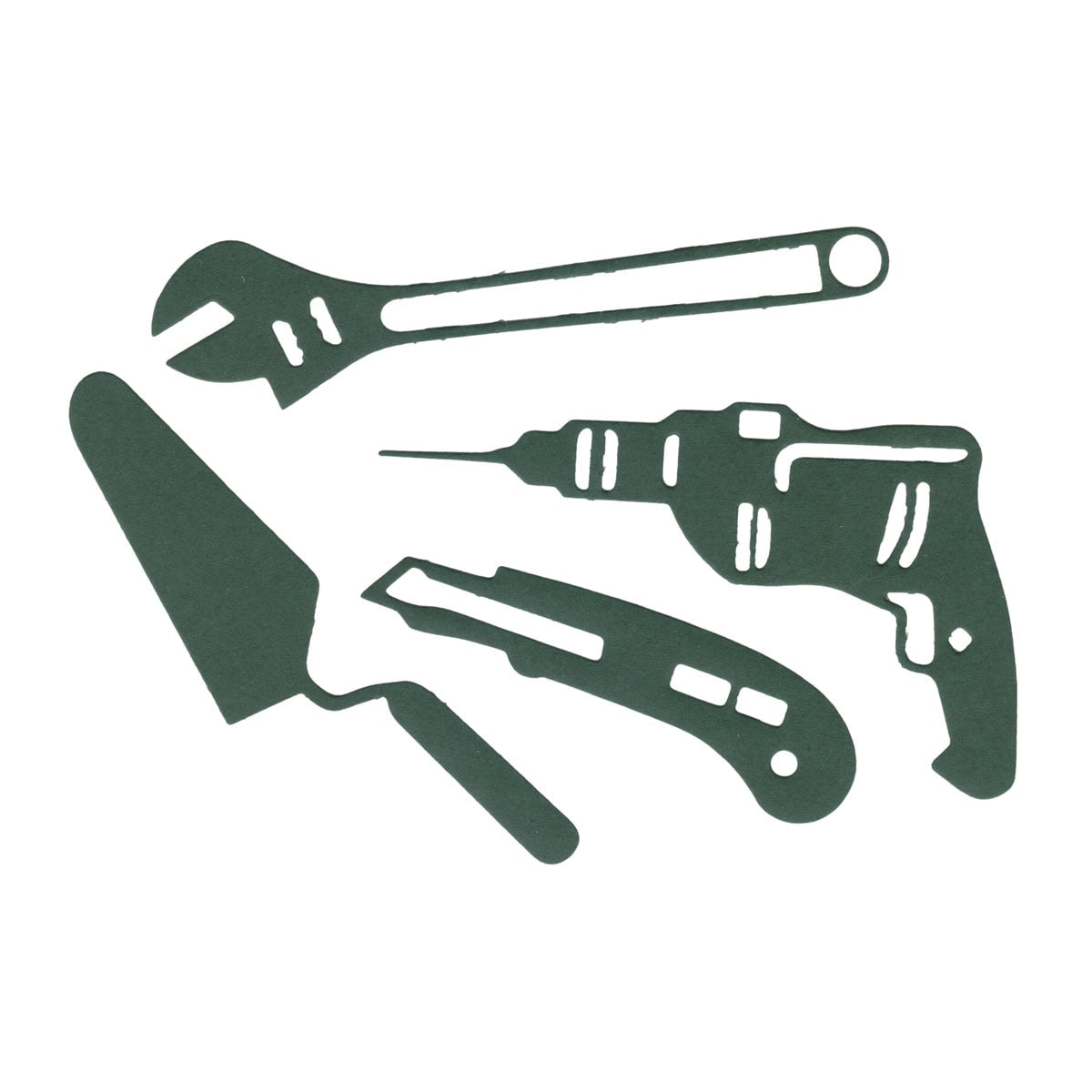 Eine Scherenschnitt-Illustration des Stanzschablone Werkzeug-Set Cutter Messer Schraubenschlüssel Kelle von Stanzenshop.de, gestaltet auf weiß - ideal für DIY-Projekte oder als auffälliger Akzent für Männerkarten.