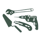 Eine Scherenschnitt-Illustration des Stanzschablone Werkzeug-Set Cutter Messer Schraubenschlüssel Kelle von Stanzenshop.de, gestaltet auf weiß - ideal für DIY-Projekte oder als auffälliger Akzent für Männerkarten.