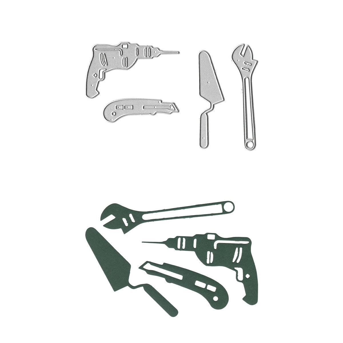 Das Stanzschablone Werkzeug-Set Cutter Messer Schraubenschlüssel Kelle von Stanzenshop.de verfügt über Metallformen eines Schraubenschlüssels, einer Kelle, eines Bohrers und eines Universalmessers - ideal für Männerkarten oder Heimwerkerprojekte.