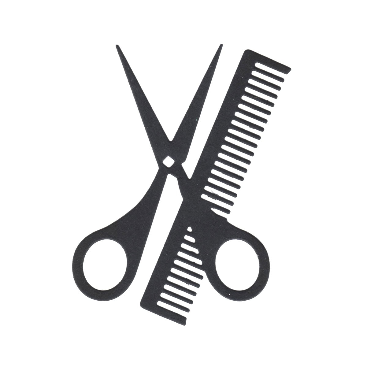 Die Stanzschablone Schere mit Kamm im Friseurlook von Stanzenshop.de zeigt eine schwarze Silhouette von Schere und Kamm auf Weiß - ideal für kreative Friseurthemen-Karten oder originelle DIY-Geschenkideen.
