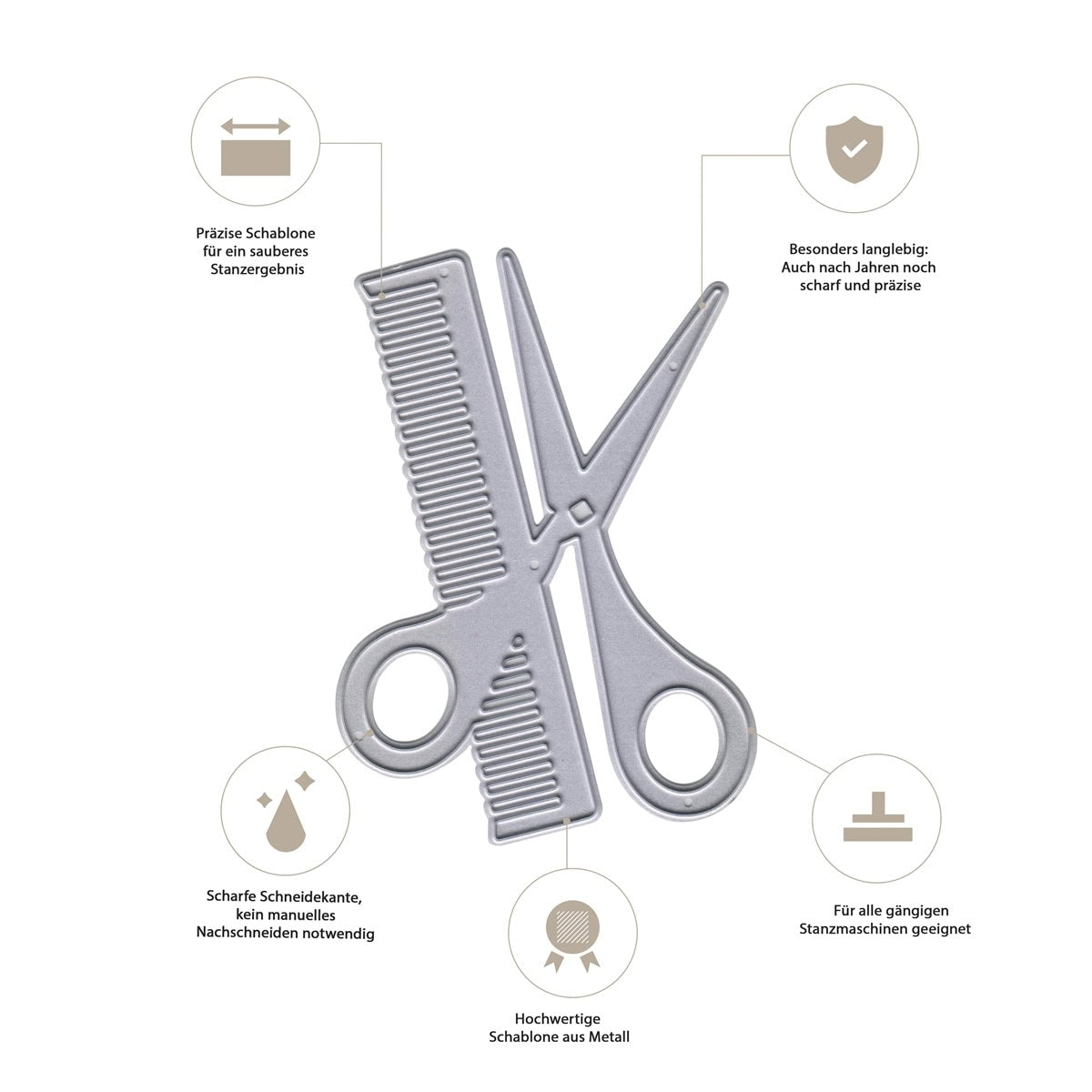 Der Stanzenshop.de Stanzschablone Schere mit Kamm im Friseurlook zeigt eine silberne, ausgestanzte Schere mit Kamm - ideal für Friseurthemen, kreative Karten und DIY-Geschenke. Deutsche Texte und Icons heben die Funktionen hervor.