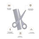 Der Stanzenshop.de Stanzschablone Schere mit Kamm im Friseurlook zeigt eine silberne, ausgestanzte Schere mit Kamm - ideal für Friseurthemen, kreative Karten und DIY-Geschenke. Deutsche Texte und Icons heben die Funktionen hervor.