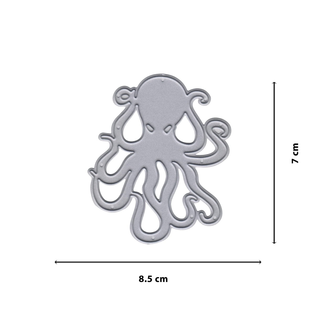 Die Stanzschablone Oktopus von Stanzenshop.de ist ein silbernes, 8,5 cm breites und 7 cm hohes Motiv - perfekt für maritime DIY-Projekte und kreative Meereswelten.