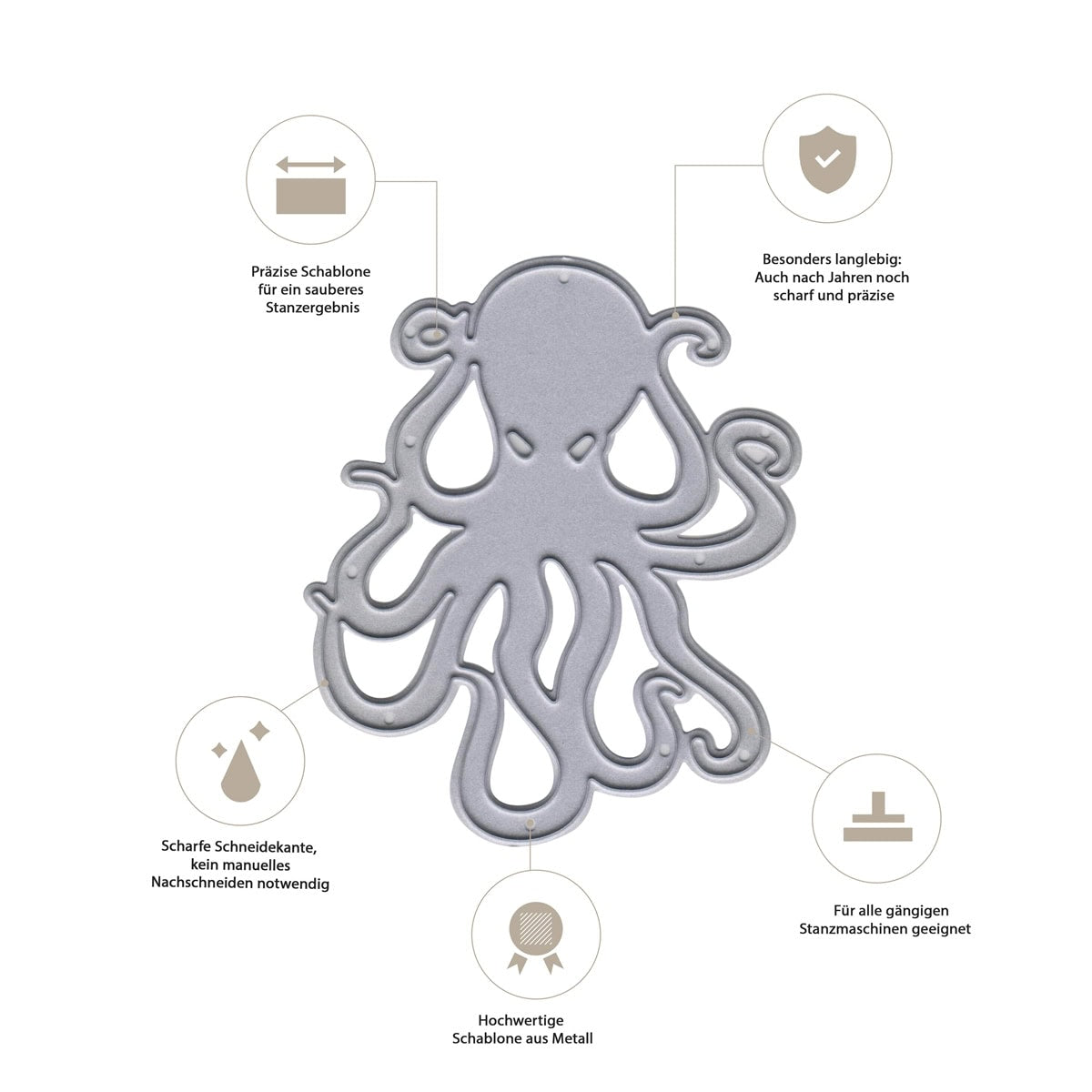 Die Stanzschablone Oktopus von Stanzenshop.de ist mittig platziert, umgeben von Icons und deutschem Text zu Schärfe, Langlebigkeit und Kompatibilität - ideal für maritime DIY-Projekte und kreative Meereswelten.