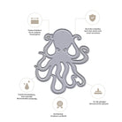 Die Stanzschablone Oktopus von Stanzenshop.de ist mittig platziert, umgeben von Icons und deutschem Text zu Schärfe, Langlebigkeit und Kompatibilität - ideal für maritime DIY-Projekte und kreative Meereswelten.