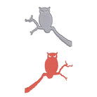 Abgebildet sind eine graue Metallstanzschablone Eule auf Ast von Stanzenshop.de und eine rote Eule auf Ast aus Papier, ideal für Bastelprojekte oder Naturliebhaber, auf weißem Hintergrund.