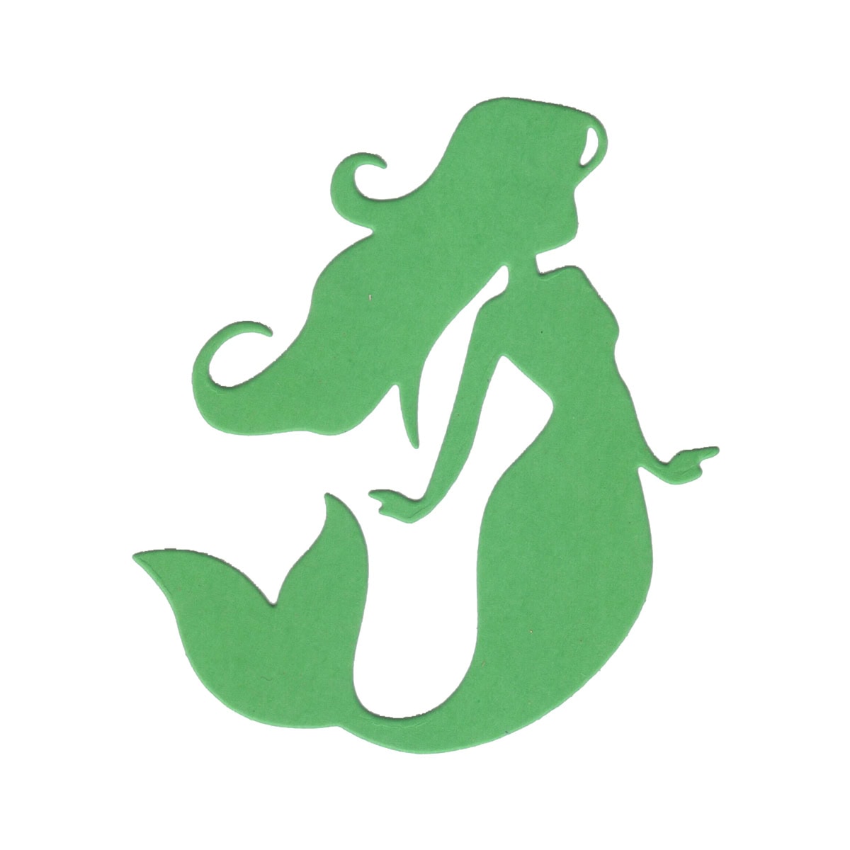 Die Stanzschablone Meerjungfrau von Stanzenshop.de zeigt eine grüne Meerjungfrau mit langem Haar auf weißem Hintergrund - ideal für Bastelprojekte und kreative Unterwasserwelten.