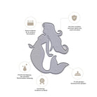 Die Stanzschablone Meerjungfrau von Stanzenshop.de ist eine silberne Metallschablone in Meerjungfrau-Form - ideal für Bastelprojekte mit Unterwasserwelt-Motiven - umgeben von vier Symbolen mit deutschen Beschreibungen.