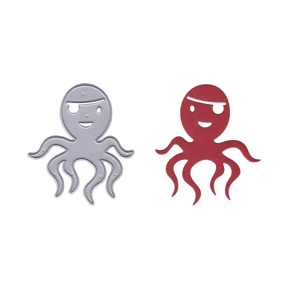 Zwei Cartoon-Kraken, ein silberner und ein roter mit Augenklappen, werden nebeneinander gezeigt - ideal für ein Kinder Bastelprojekt oder einen Piraten Geburtstag mit der Stanzschablone Tintenfisch Pirat von Stanzenshop.de.