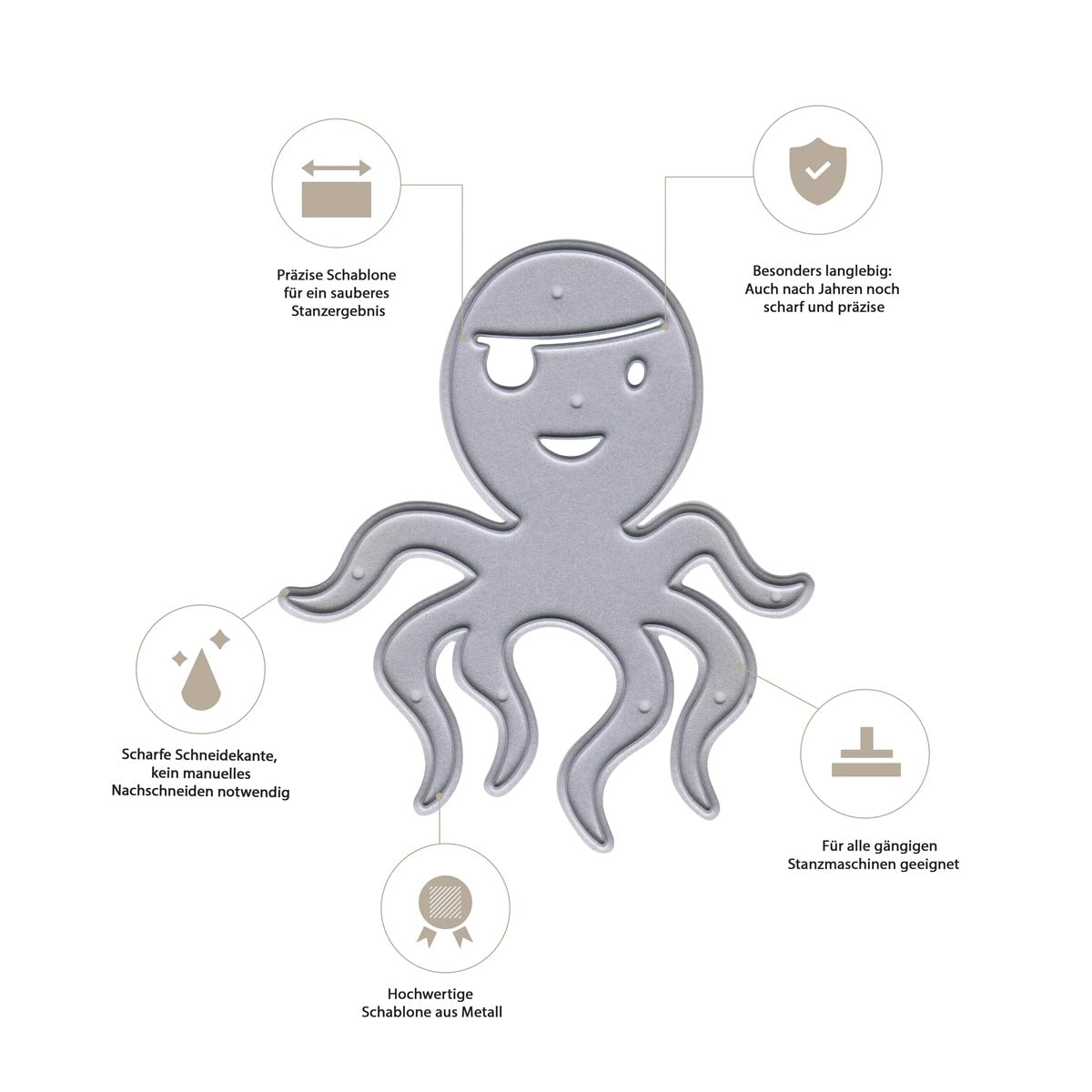 Die Stanzschablone Tintenfisch Pirat von Stanzenshop.de ist eine langlebige Metall-Krake, mit beschrifteten deutschen Merkmalen und scharfen Kanten - ideal für Piraten-Geburtstags-Bastelprojekt-Kinder und kompatibel mit Standardmaschinen.