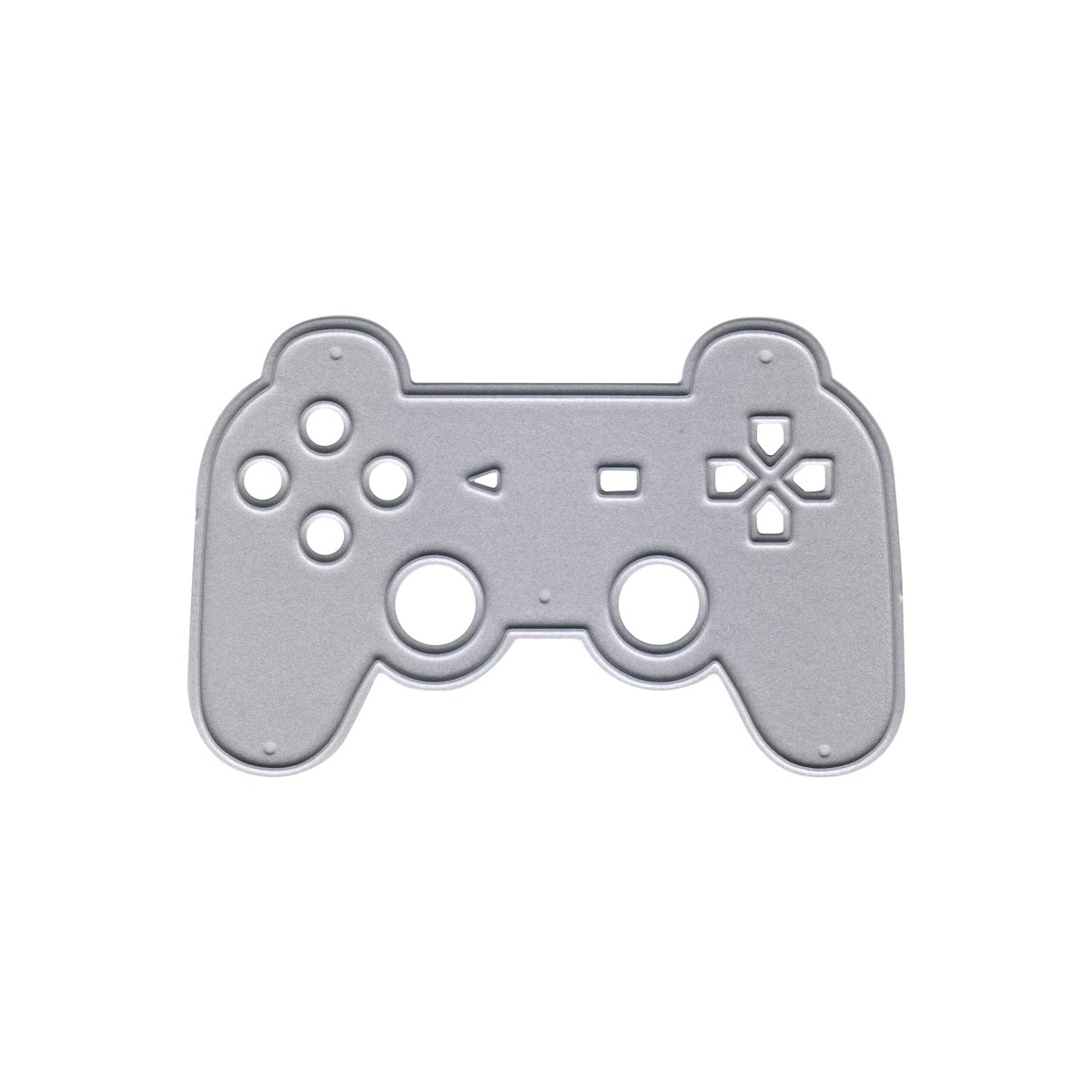 Die Stanzschablone Gaming Controller von Stanzenshop.de ist ein flacher, metallischer Würfel in Form eines Game Controllers mit Knopfaussparungen - ideal für Bastelarbeiten zum Thema Gaming oder zur Dekoration von Gamer-Geburtstagen.