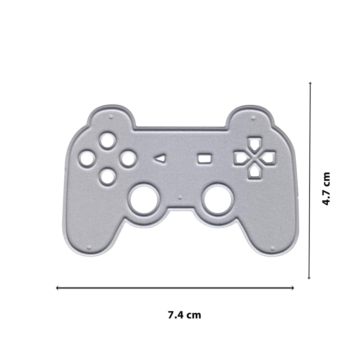 Die Stanzschablone Gaming Controller von Stanzenshop.de ist ein metallischer Gaming-Controller in Form eines Würfels mit den Maßen 7,4 cm x 4,7 cm - ideal für Gamer-Geburtstage-Dekorationen oder Partygeschenke.