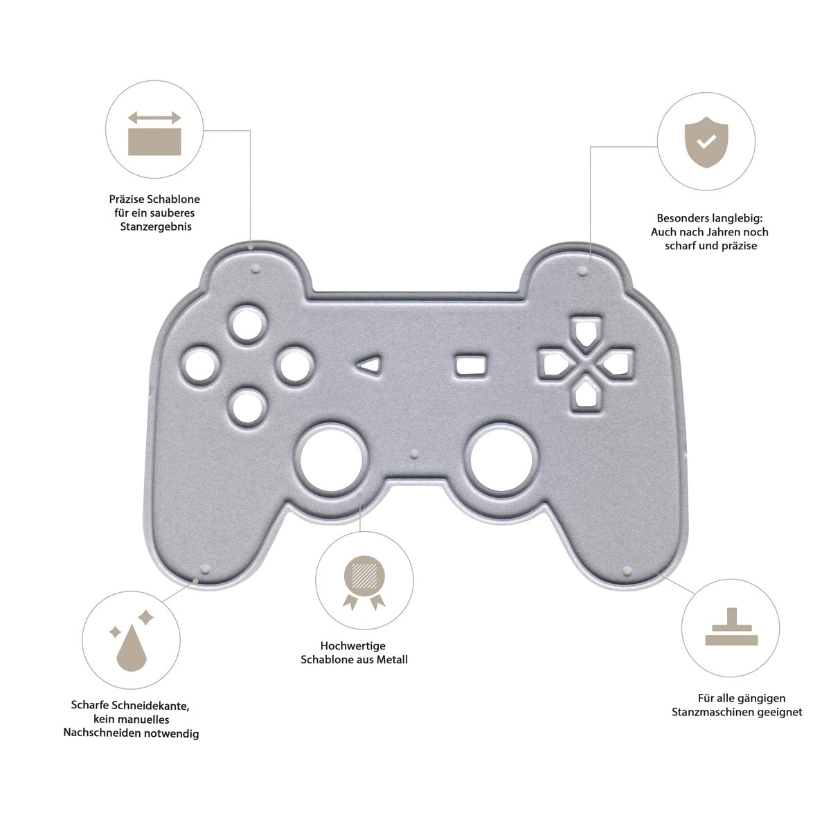 Die Stanzschablone Gaming Controller von Stanzenshop.de aus hochwertigem Metall überzeugt durch präzise Schnitte, Langlebigkeit und ist ideal für Gaming Deko oder Gamer-Geburtstage geeignet.