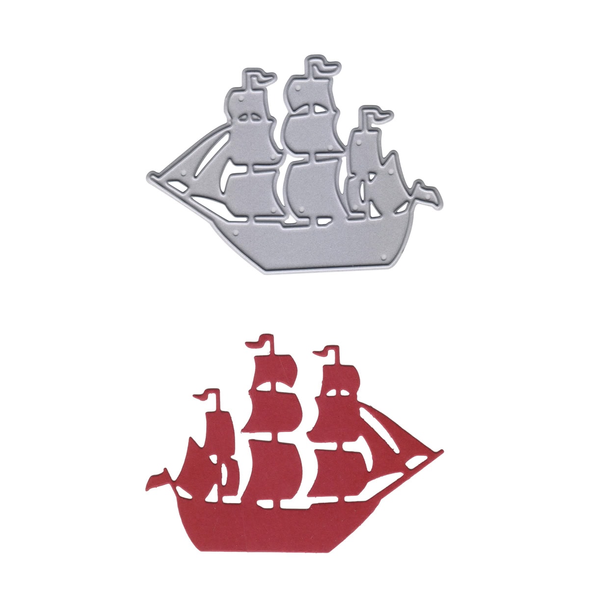 Metall- und Papierausschnitte, hergestellt mit der "Stanzschablone Segelschiff mit drei Masten" von Stanzenshop.de, sind senkrecht vor einem weißen Hintergrund angeordnet - ideal für kreative Bastelideen.