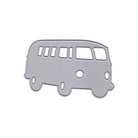 Die Stanzschablone Retro-Bus von Stanzenshop.de ist eine silberne Metallstanze in Form eines Retro-Busses mit Fenstern und Rädern - ideal für Bastel- und Scrapbooking-Projekte.