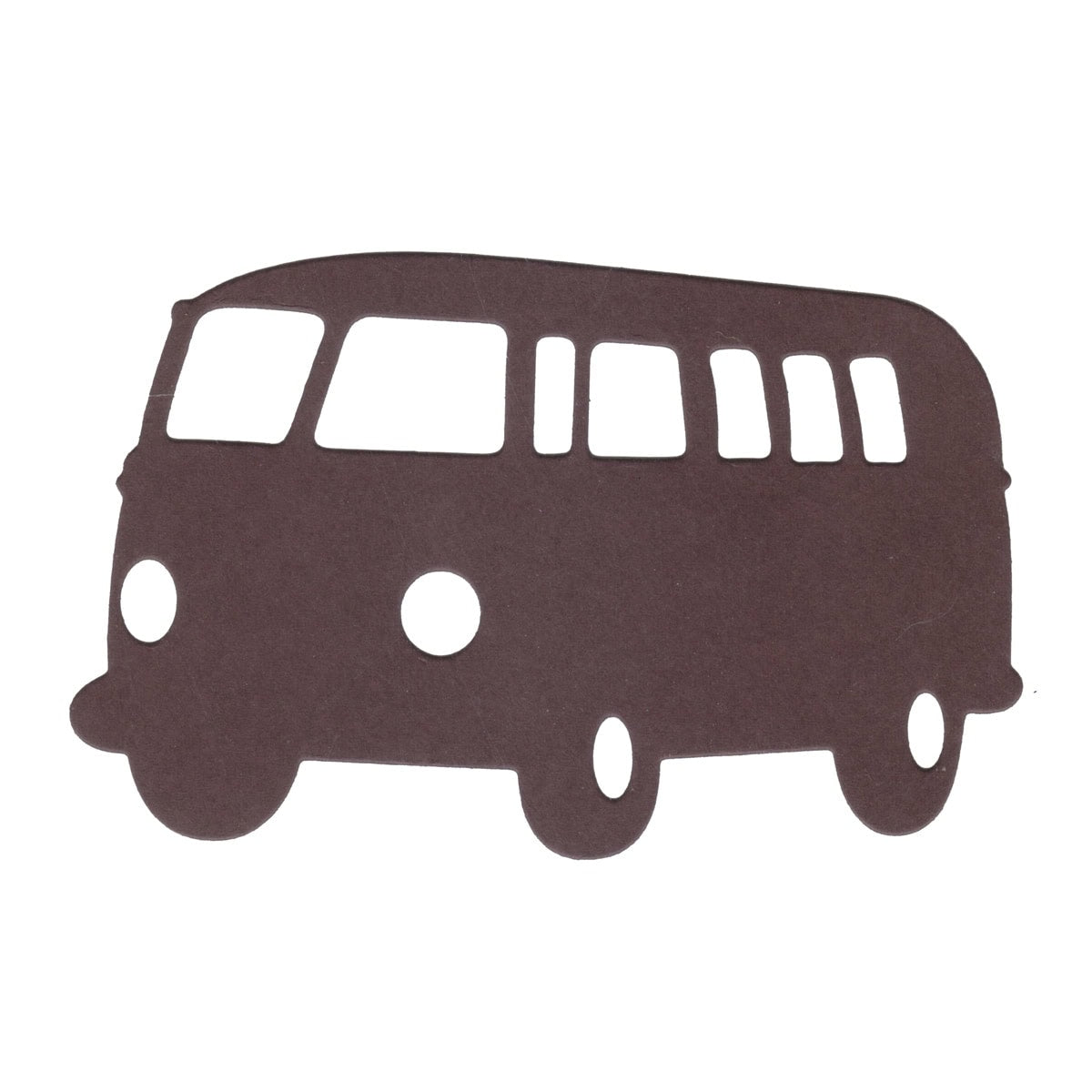 Die Stanzschablone Retro-Bus von Stanzenshop.de zeigt die schwarze Silhouette eines klassischen Lieferwagens mit vier Rädern, zwei runden Scheinwerfern und fünf Fenstern - ideal für Bastelprojekte oder kreative Stanzentwürfe.