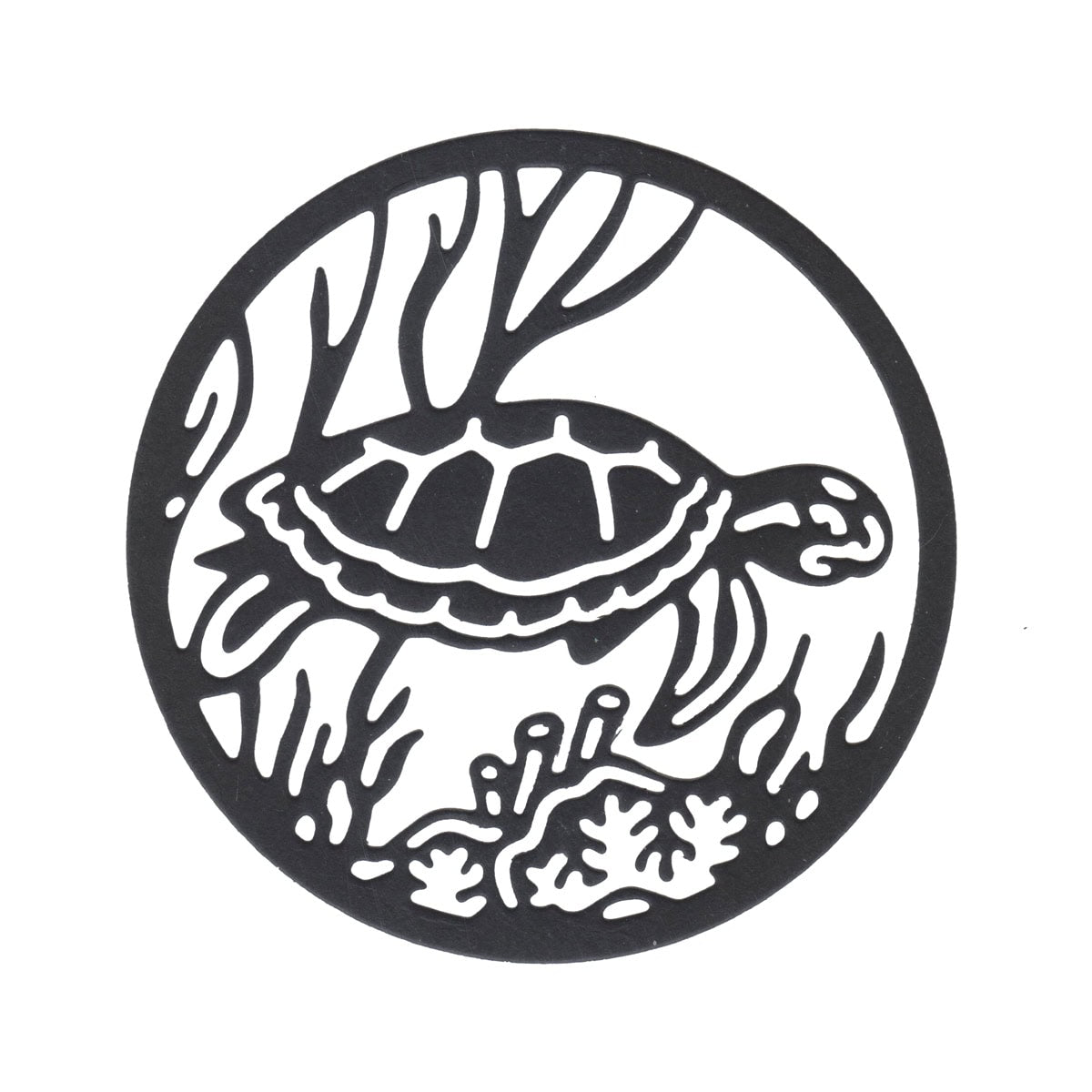 Die Stanzschablone Meeresschildkröte im Korallenriff von Stanzenshop.de zeigt eine Schildkröte im runden Rahmen mit Seegras und Korallen - ideal für Bastelprojekte oder maritimes Flair in deinen Kreationen.