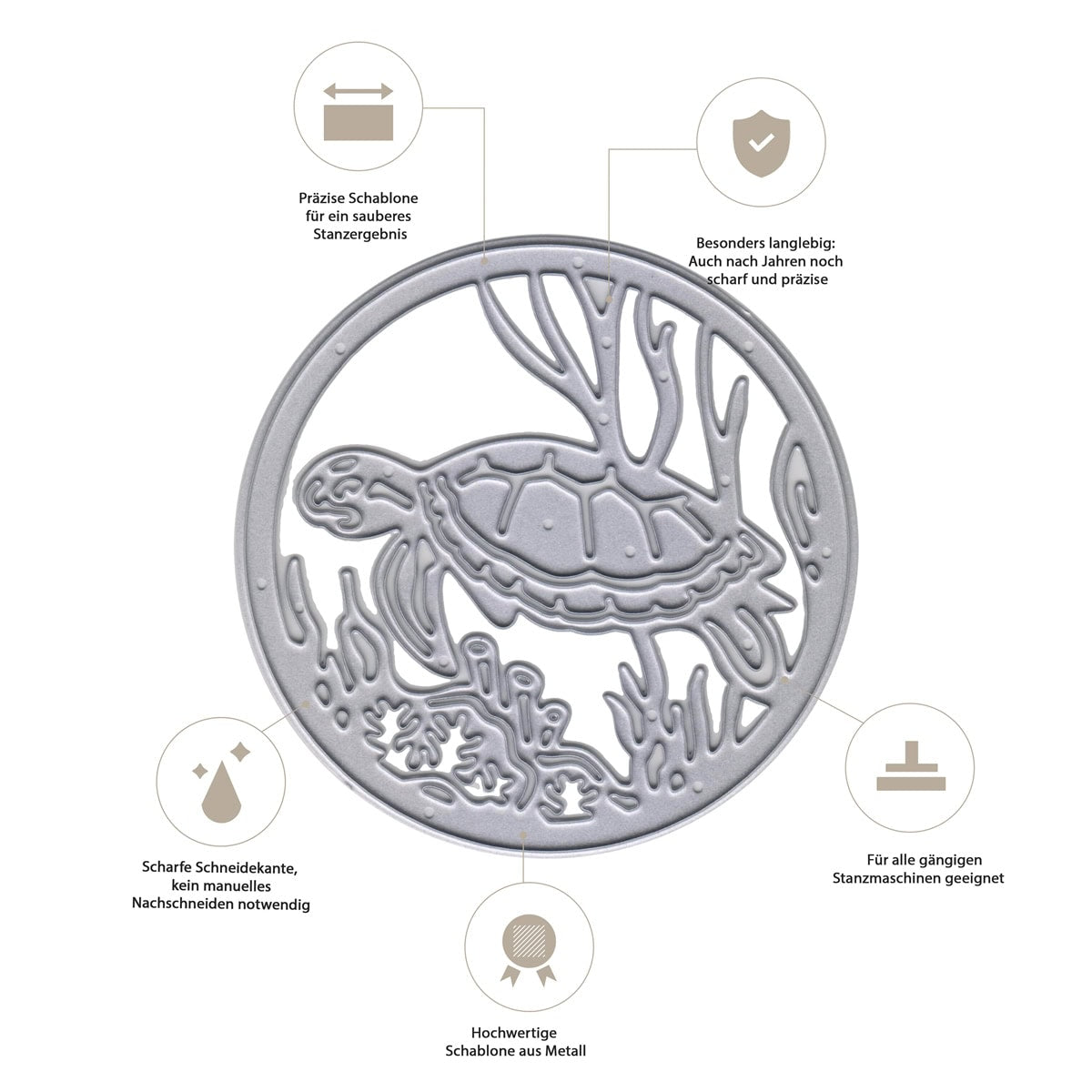 Die Stanzschablone "Meeresschildkröte im Korallenriff" von Stanzenshop.de zeigt eine Schildkröte im Meer mit maritimem Flair, deutschen Texten und Symbolen für Präzision, Haltbarkeit und Eignung für Bastelprojekte mit Standardmaschinen.