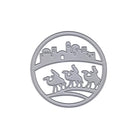 Die Stanzschablone Heilige Drei Könige im Kreis von Stanzenshop.de ist ein kreisförmiger Ornamentstempel, der die Heiligen Drei Könige mit Kamelen vor einer Stadtsilhouette zeigt und an den Zauber ihrer Reise nach Bethlehem erinnert.