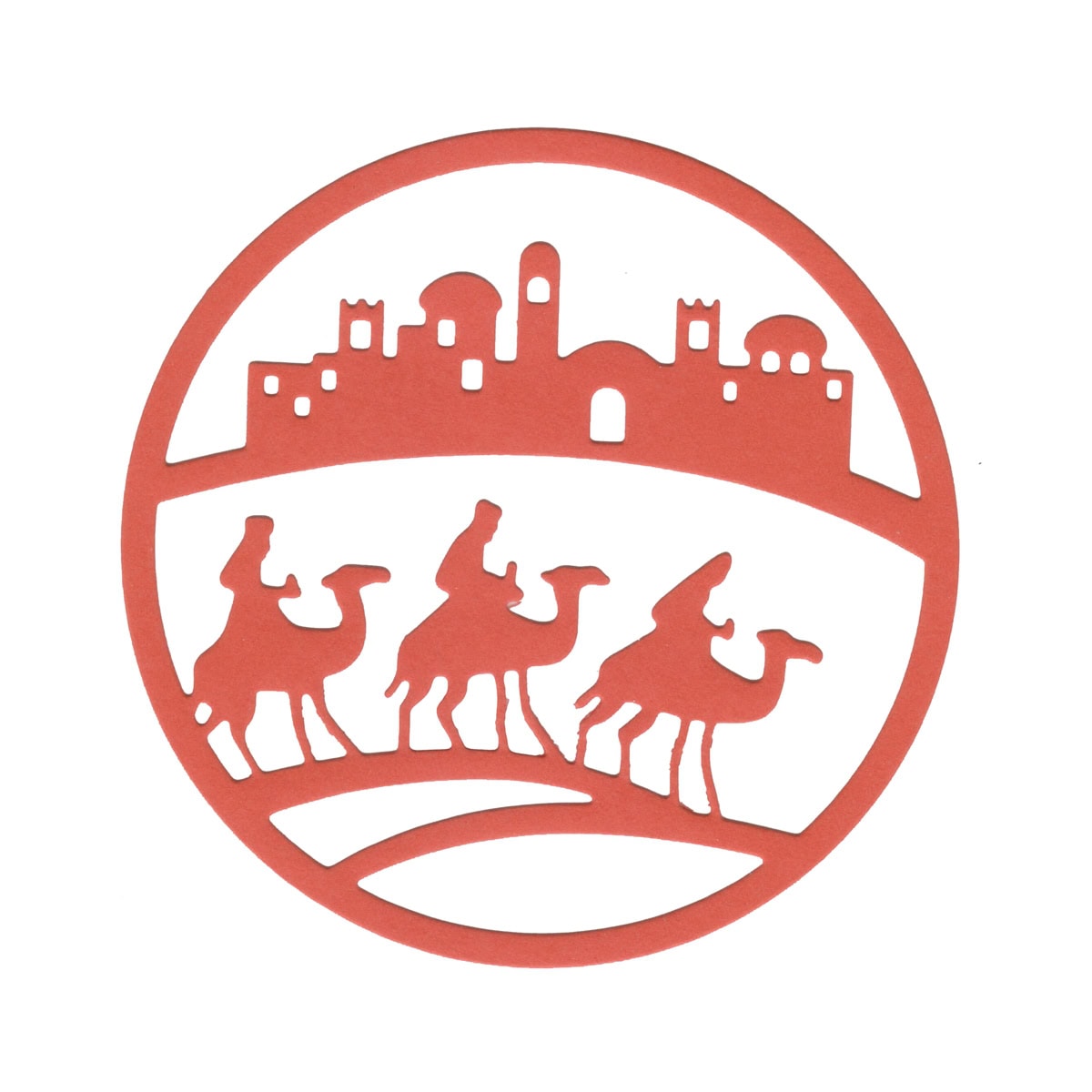 Die Stanzschablone Heilige Drei Könige im Kreis von Stanzenshop.de zeigt drei auf Kamelen reitende Silhouetten vor einer orientalischen Stadt - ideal zum Karten basteln oder für einzigartige Designs mit Orient-Flair.