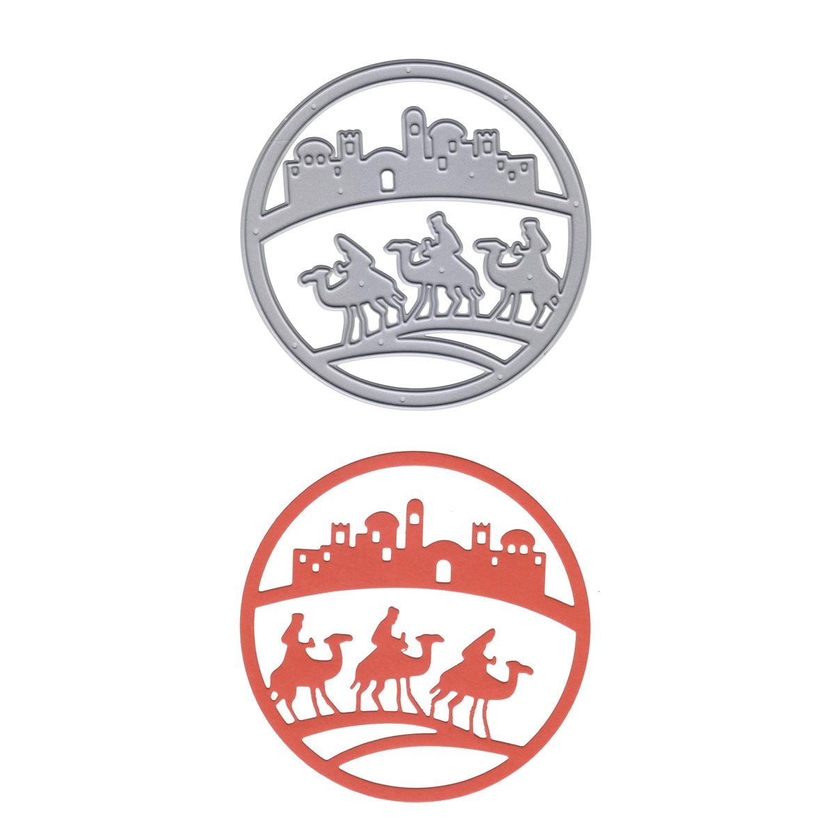 Zwei runde Ausschnitte aus der "Stanzschablone Heilige Drei Könige im Kreis" von Stanzenshop.de zeigen drei Kamele und Reiter unter einer Skyline - ideal in Silber und Rot für Karten basteln mit orientalischem Flair.