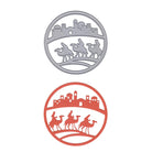 Zwei runde Ausschnitte aus der "Stanzschablone Heilige Drei Könige im Kreis" von Stanzenshop.de zeigen drei Kamele und Reiter unter einer Skyline - ideal in Silber und Rot für Karten basteln mit orientalischem Flair.