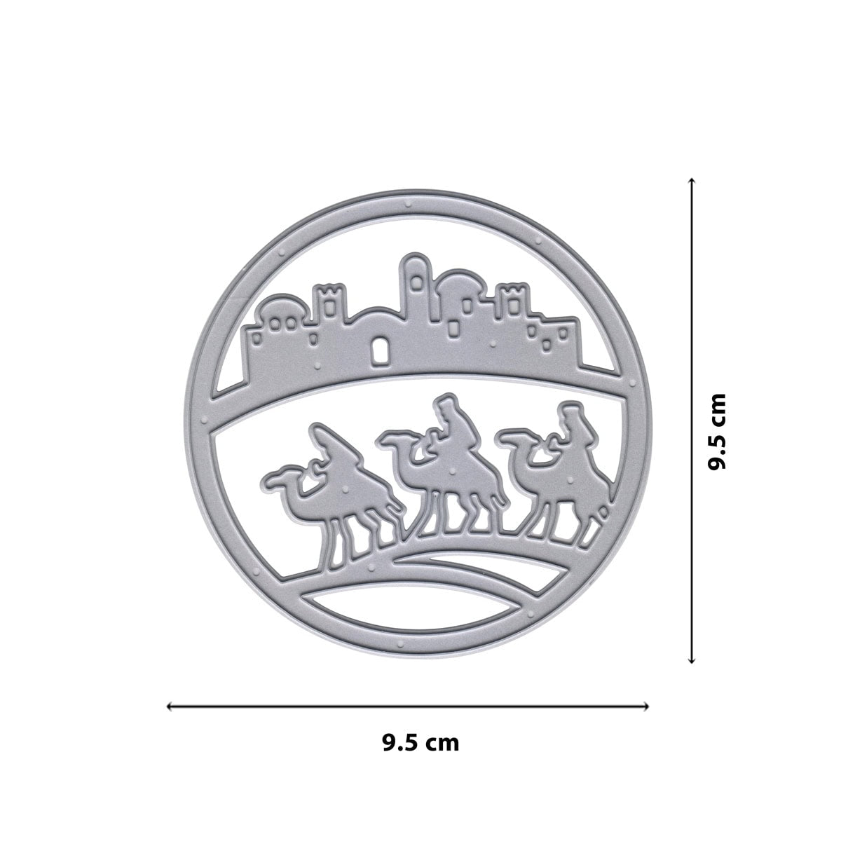 Die Stanzschablone Heilige Drei Könige im Kreis von Stanzenshop.de zeigt drei Könige und Stadtsilhouette im 9,5 cm Kreis - ideal für Kartenbasteln mit orientalischem Flair.