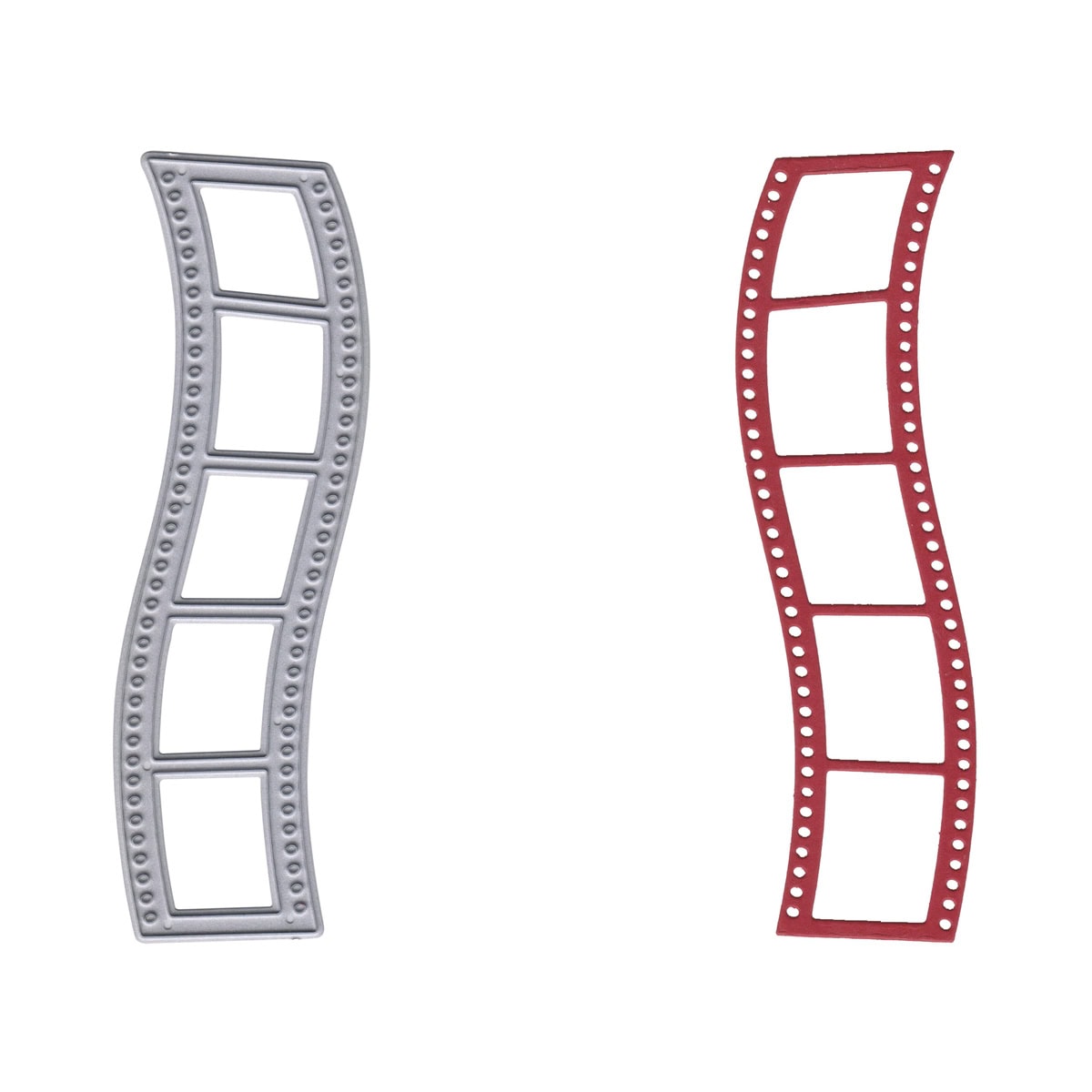 Die Stanzschablone Filmstreifen von Stanzenshop.de zeigt zwei wellenförmige vertikale Filmstreifen-Designs (grau und rot, je vier Rahmen) auf weiß - ideal für Fotoprojekte oder Bastelideen.