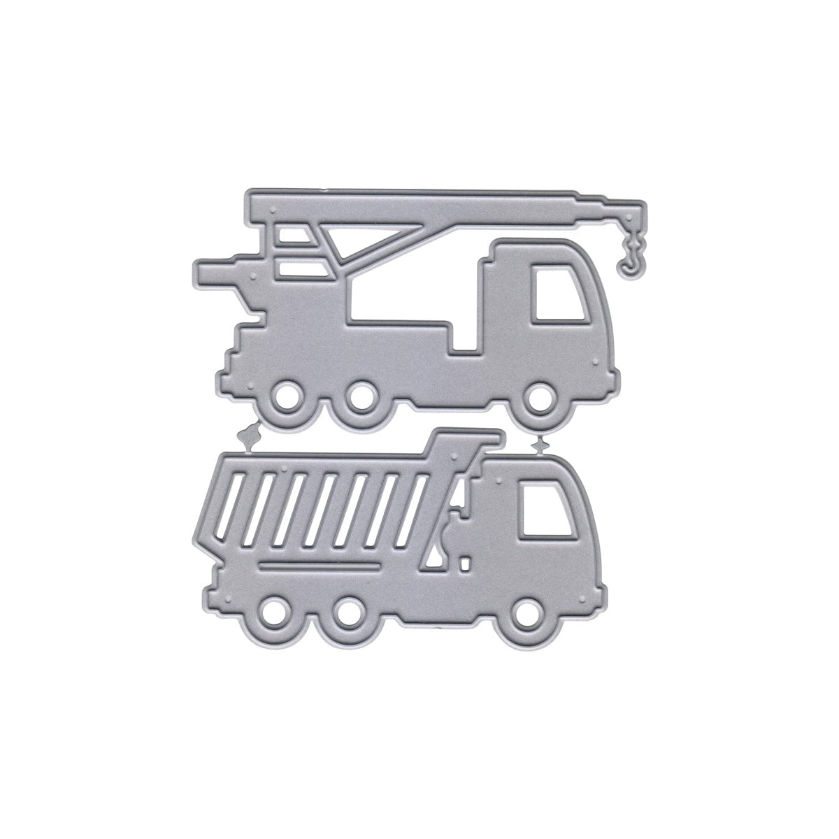 Die Stanzschablone Laster und Kran von Stanzenshop.de zeigt zwei silberne Metallstanzteile - einen Kranwagen und einen Kipplaster - ideal zum Karten basteln oder Scrapbooking, beide in Seitenansicht auf weißem Hintergrund.