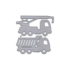 Die Stanzschablone Laster und Kran von Stanzenshop.de zeigt zwei silberne Metallstanzteile - einen Kranwagen und einen Kipplaster - ideal zum Karten basteln oder Scrapbooking, beide in Seitenansicht auf weißem Hintergrund.