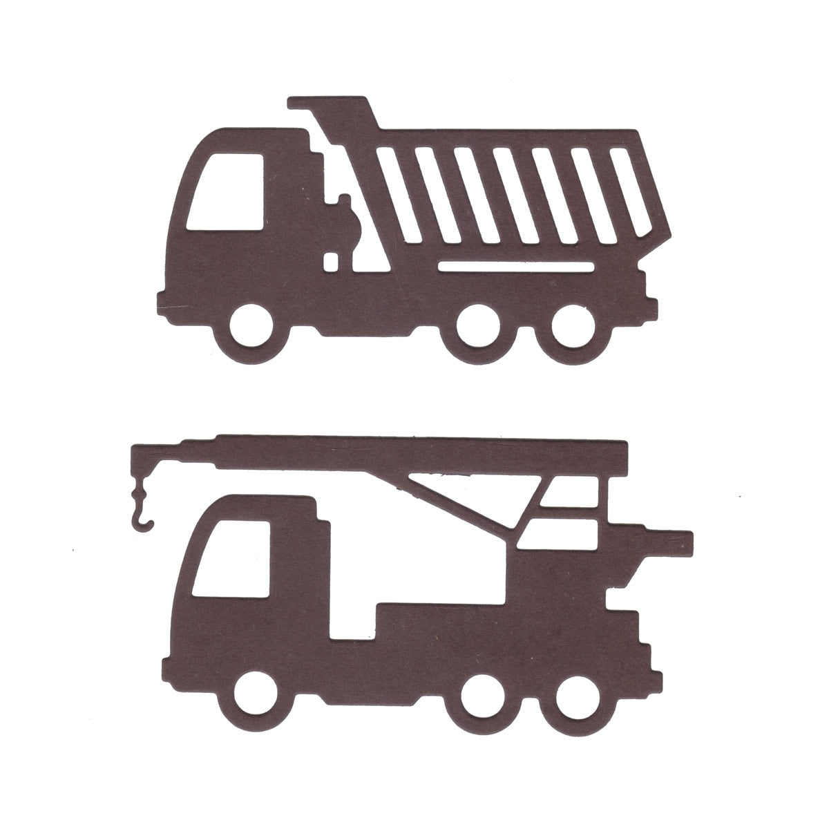 Die Stanzschablone Laster und Kran von Stanzenshop.de zeigt die Silhouetten eines Lasters und eines Krans, beide nach rechts gerichtet - ideal für Karten basteln oder Scrapbooking auf weißem Hintergrund.