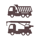 Die Stanzschablone Laster und Kran von Stanzenshop.de zeigt die Silhouetten eines Lasters und eines Krans, beide nach rechts gerichtet - ideal für Karten basteln oder Scrapbooking auf weißem Hintergrund.